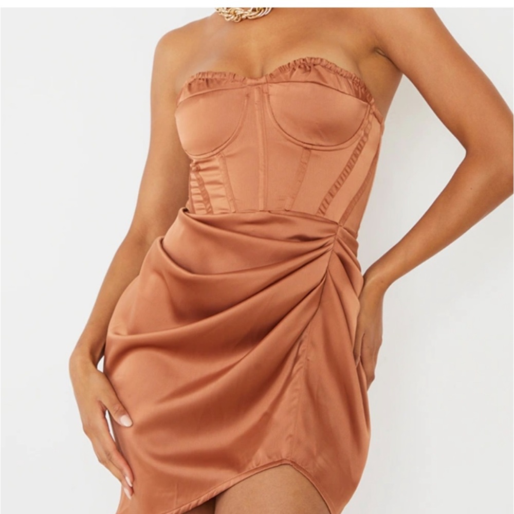 Mocha Pretty Little Thing Ruched Bodycon satin dress strapless